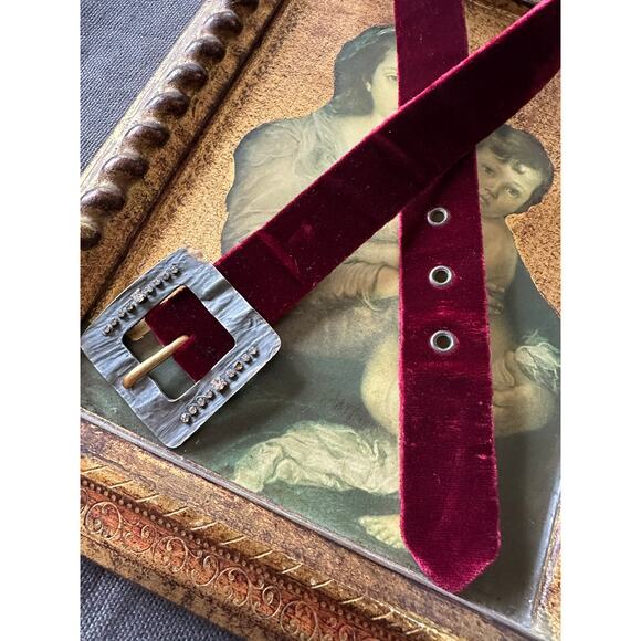 vintage SAINT LAURENT velvet calfskin leather BELT metal jeweled buckle glam s 2 - Picture 8 of 16